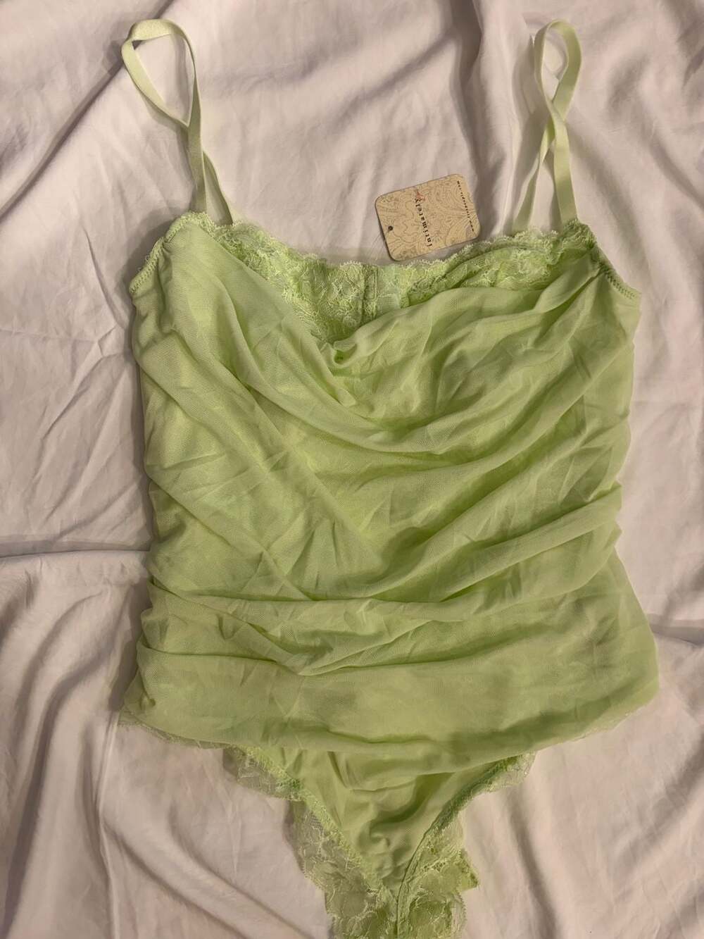 Intimately Free People Bodysuit Mesh Cowl Neck Ruched Lime Cream